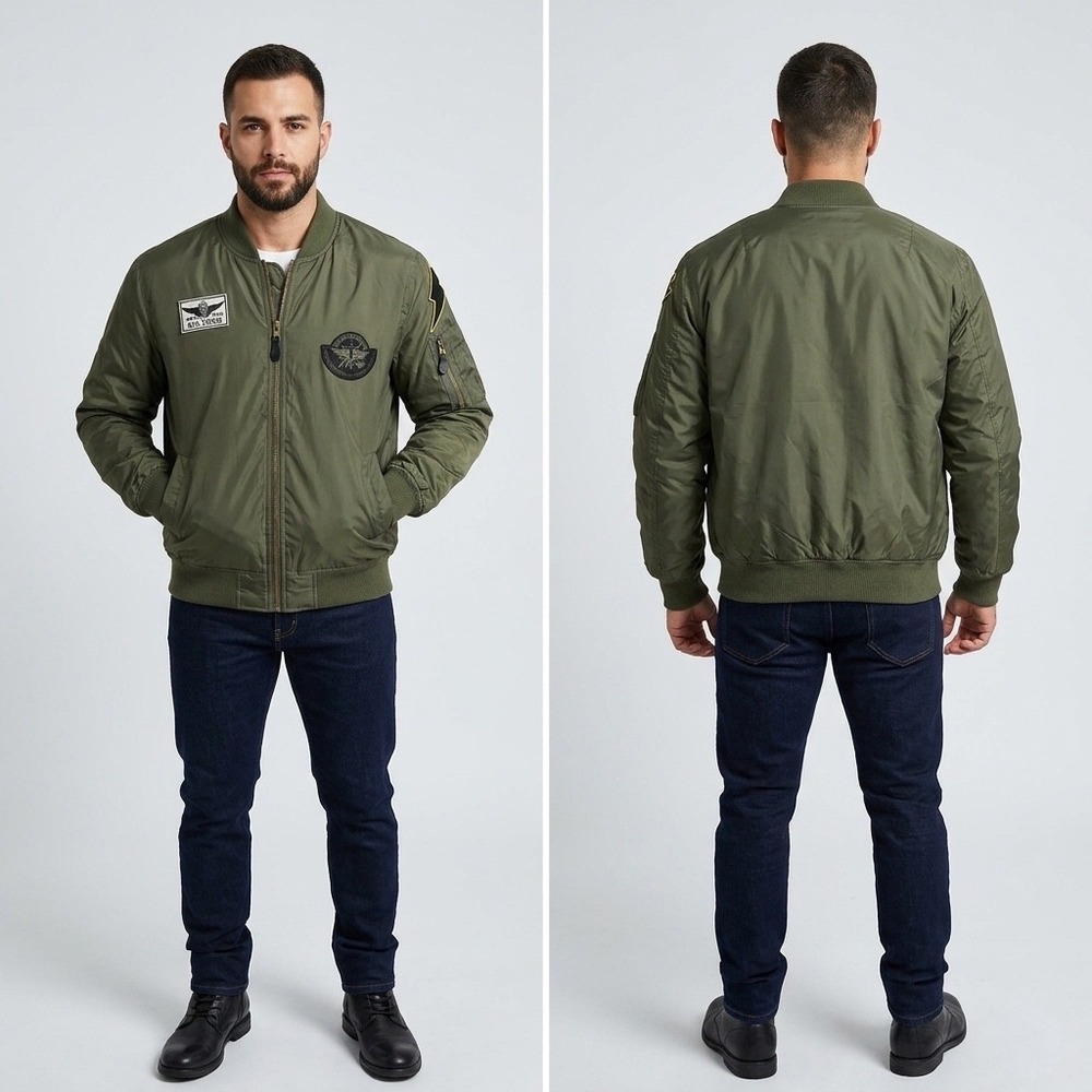 Yoki Mens Medium Olive Green Bomber Flight‎ Jacket Military Patches Outerwear